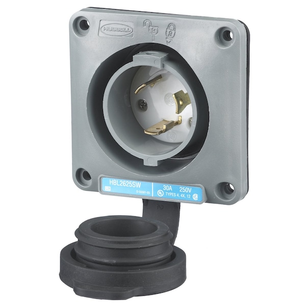 Watertight Flanged Locking Inlet, L6-30R, 30 A, 250V AC, Single Phase, 2 Pole, Flush Mount, Gray